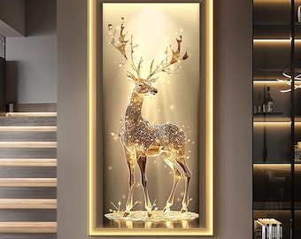 Gold Elk Bambi Wall Decor LED Luxury Picture Led Resin Painting Tempered Glass Wall Art Decor Wall Hangings Crystal Porcelain