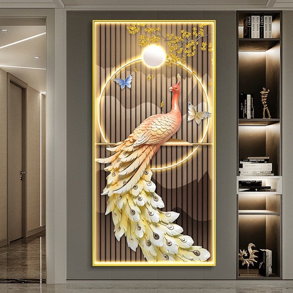 Wall Decor LED Luxury Pink Peacock Unique Picture Painting Resin