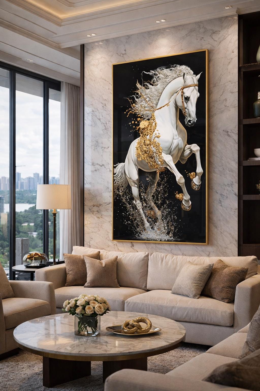 すぐに掛けられる強化ガラス製ウォールアート。白い馬の絵。クリスタル