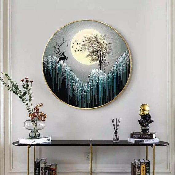 Wall Decor Round Wall Painting Elk Art Large LED Nordic Animal Etsy