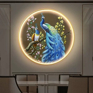 Peacock Wall Decor Round Wall Painting Art Large LED Nordic Animal Picture Glass painting Luxury Painting Tempered Glass Crystal Porcelain