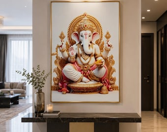 Luxury Ganesha Glass Wall Art, Crystal Wall Decor, Hindu Spiritual Decor, Gold Framed Wall Art, Modern Home Decor