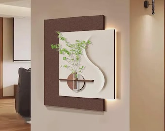 Sandstone LED Wall Art 50x100cm, Handmade Green Plant Vase Painting, Modern 3D Lighted Decor for Living Room Bedroom