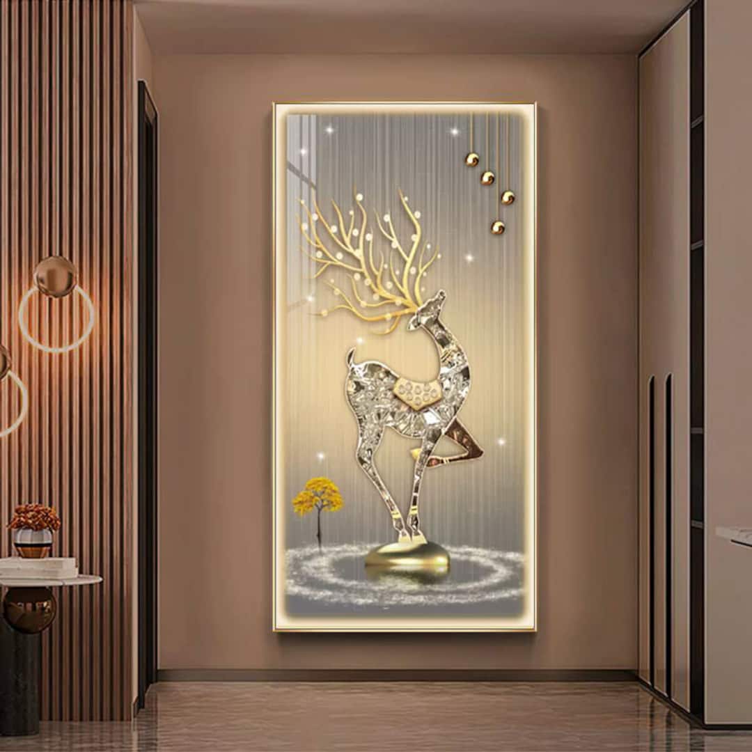 Deer Elk LED Wall Art, Large Tempered Glass Crystal Porcelain