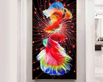 Large Wall Decor LED Lucky Fish Luxury Unique Picture Painting Resin Painting Tempered Glass Wall Art Decor Wall Hangings Crystal Porcelain