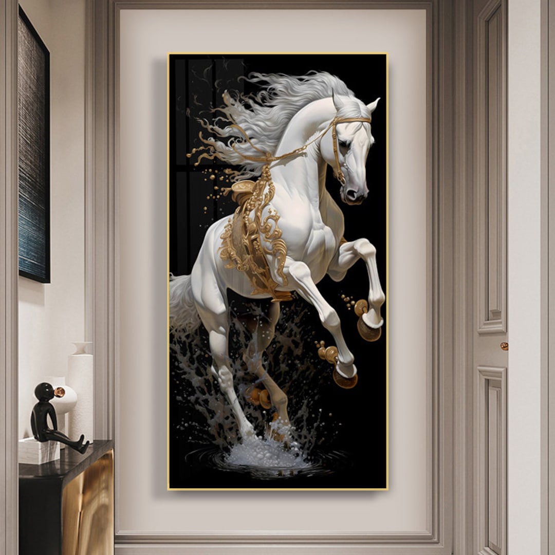 すぐに掛けられる強化ガラス製ウォールアート。白い馬の絵。クリスタル