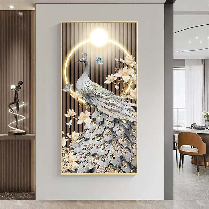 Gray Peacock LED Wall Art, Crystal Porcelain Tempered Glass