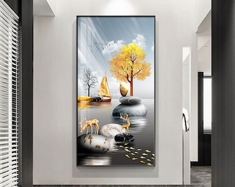 Large Wall Art Nordic Stone Gold Deer Elk Luxury Tempered Glass Animal 3D Picture Style Nature Artwork Framed Decor Modern Bed Room