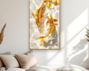 Golden Koi Fish Wall Art - Handmade Crystal Porcelain Framed in Aluminum for Elegant Home Decor