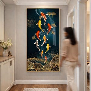 Arte de pared de vidrio templado extragrande con marco de peces coloridos, decoración de pared, diseño de imagen artística colorida, obra de arte de peces de la suerte, dormitorio moderno de lujo