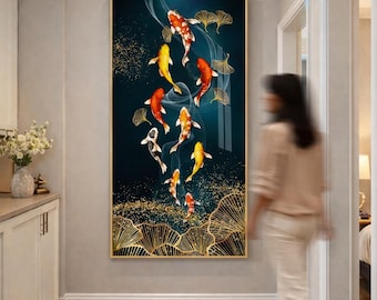 Koi Fish Crystal Porcelain Wall Art, Luxury Framed Tempered Glass Painting, Colorful Lucky Fish Decor for Living Room Bedroom