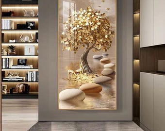 Golden Tree Deer Tempered Glass Wall Art, Handmade Crystal