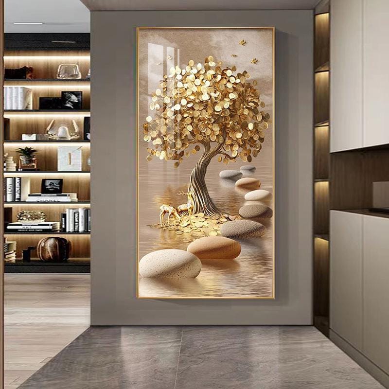 Golden Tree Deer Tempered Glass Wall Art, Modern Abstract Framed