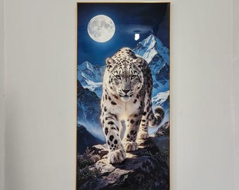 Snow Leopard Wall Art - Handmade Crystal Porcelain Framed in Aluminum for Elegant Home Decor