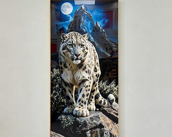 Snow Leopard Wall Art - Handmade Crystal Porcelain Framed in Aluminum for Living Room Decor
