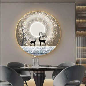 Round Wall Painting Elk Art Large Wall Decor LED Nordic Animal Picture Glass painting Luxury Painting Tempered Glass Crystal Porcelain