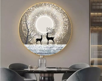 Round Art Wall Painting LED Art Elk Art Large Wall Decor LED Animal Picture Glass Art Luxury Painting Tempered Glass Crystal Porcelain