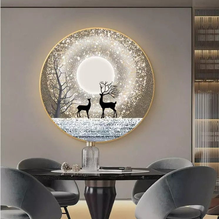 Round Art Wall Painting LED Art Elk Art Large Wall Decor LED Animal Picture Glass Art Luxury Painting Tempered Glass Crystal Porcelain