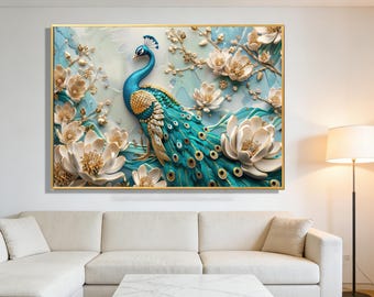 Peacock Wall Art - Handmade Crystal Porcelain Framed in Aluminum for Elegant Decor