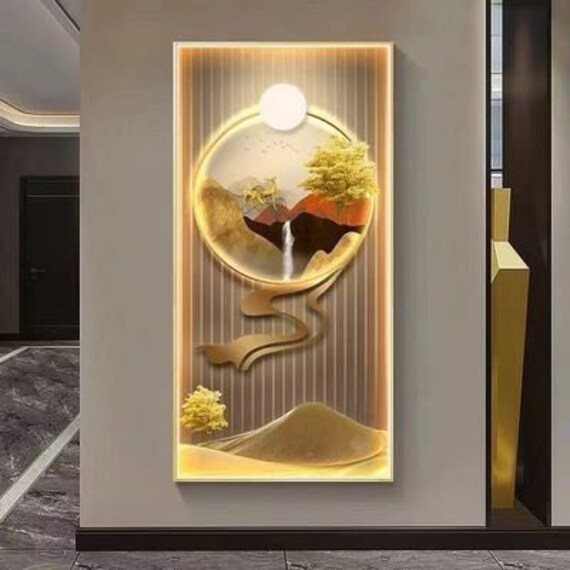 Metal Wall Decor Gold Landscape Art Wall Sculptures Decoration Wall  Background Pendant Hanging Decor with LED Lights for Bathroom Bedroom  Living Room