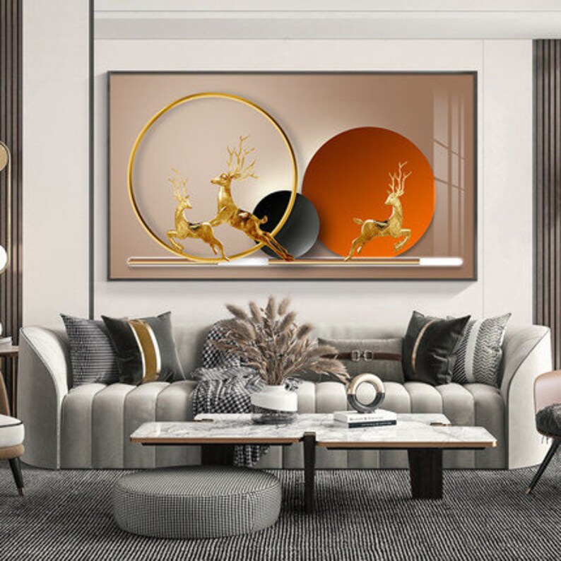 Wall Art Framed Tempered Glass Gold Deer Animal Nordic Modern Home Art