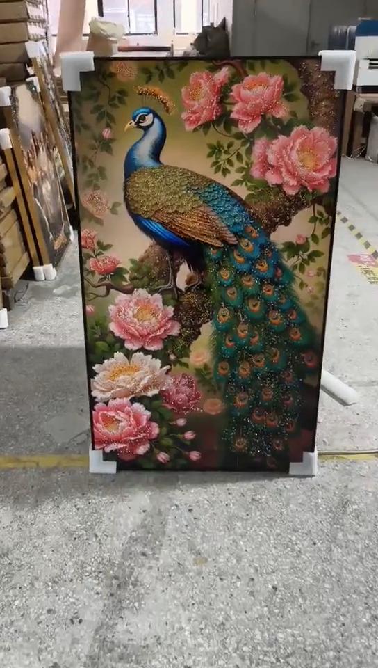 孔雀のクリスタル磁器製ウォールアート、額装された花柄動物画