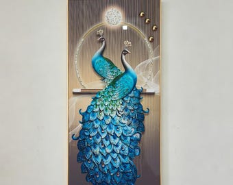 Peacock Wall Art - Handmade Crystal Porcelain Framed in Aluminum for Elegant Home Decor