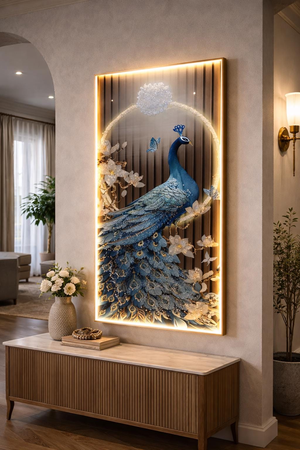 リビングルームの壁画垂直芸術の油絵玄関ホールのポーチ壁 掛け絵画（孔雀の絵） 孔雀のLEDウォールアート、強化ガラスを使用したクリスタル磁器絵画