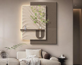 Layered Sandstone LED Wall Art 50x100cm, 3D Textured Bottle Plant Painting, Minimalist Lighted Living Room Decor