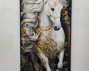 すぐに掛けられる強化ガラス製ウォールアート。白い馬の絵。クリスタル