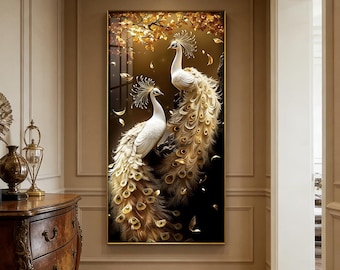 Luxus Pfau Wandkunst - Elegantes weiß-goldenes Vogeldekor, modernes glamouröses Tierkunstwerk für Wohnzimmer oder Schlafzimmer