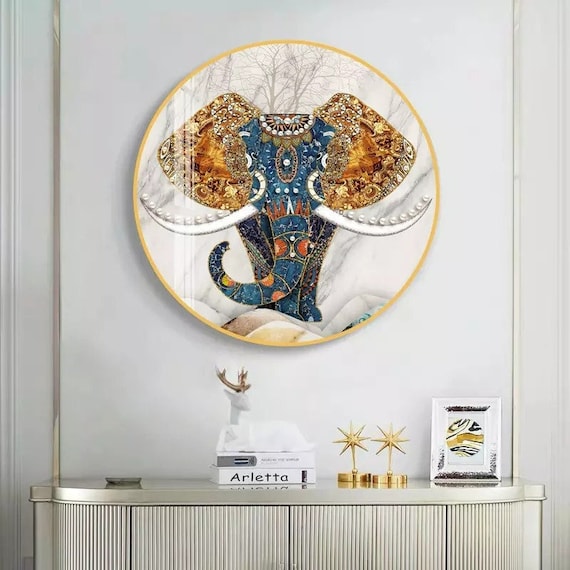 Large Round Elephant Tempered Glass Wall Art, Crystal Porcelain