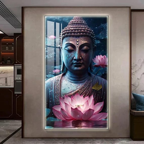 Buddha Lotus Canvas Wall Art, Crystal Porcelain Spiritual Decor
