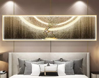 Large LED Peacock Wall Art, Crystal Porcelain Tempered Glass Animal Painting, Luxury Framed Decor With Lights