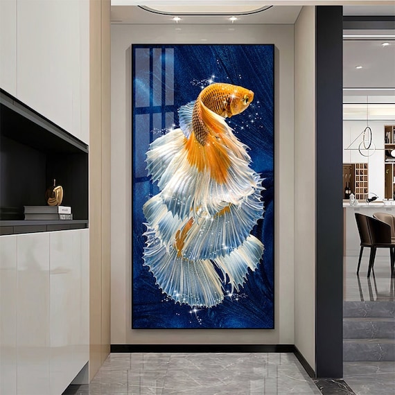 Large Painting Gold Fish Glass Framed Wall Decor Colorful Art - Etsy