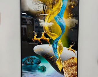 Large Glass Wall Art Framed Luxury Animal Picture Deer Nordic Deer Large Tempered Glass Hangings Crystal Porcelain glass art wall decor