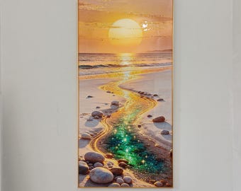 Beach Sunset Crystal Porcelain Wall Art - Handmade Aluminum Framed Decor for Living Room