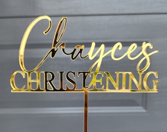 Personalised Custom CHRISTENING topper Wood and acrylic cake decoration religious prop rustic Gold Silver Rose.