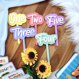 May include: Five pastel-coloured acrylic cake toppers with the numbers one to five. The toppers are on a wooden surface with a faux fur background.