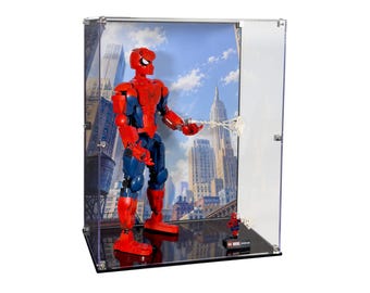 Acrylic Display Case fits LEGO 76346, Spider-Man Hero Figure - Standing with UV-Printed Background - Set Not Included