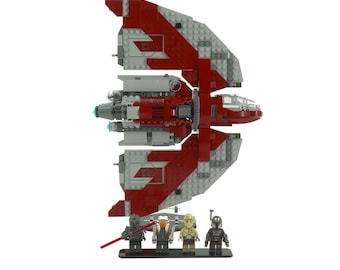 May include: A model spaceship made from red, white, and grey plastic bricks. The model has a detailed design with wings and a central body. Four miniature figures are positioned in front of the ship, each with distinct outfits and accessories.