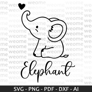May include: A black and white line drawing of a cartoon elephant with a heart above its head. The text "Elephant" is written in cursive below the elephant.