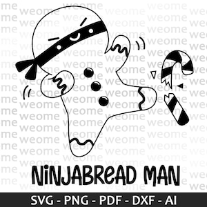 Könnte beinhalten: Schwarz-weiß-Illustration eines Lebkuchenmanns mit einer schwarzen Augenmaske, der einen Zuckerstock hält. Der Lebkuchenmann tritt mit seinem rechten Fuß gegen den Zuckerstock. Der Text "NINJABREAD MAN" befindet sich unter dem Bild.