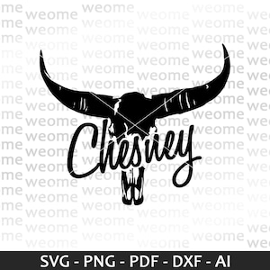 May include: Black and white silhouette of a bull skull with horns and the name "Chesney" written in a decorative script below the skull.