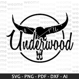 May include: Black and white graphic design featuring a bull skull with horns inside a circle with the word "Underwood" written in a stylized font.