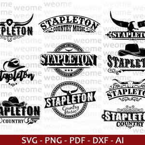 May include: A collection of black and white vector graphics featuring the name "Stapleton" with various country music-themed designs. Includes cowboy hats, longhorn skulls, and eagle illustrations. Formats: SVG, PNG, PDF, DXF, AI.