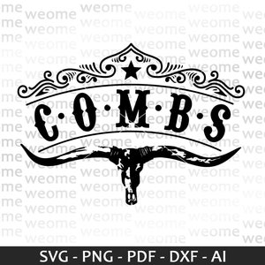 May include: Black and white silhouette of a longhorn steer skull with a banner that reads "COMBS" in a vintage western style font. The banner is decorated with a star and ornate scrollwork.