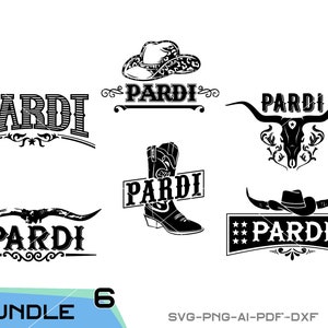 Puede incluir: Un conjunto de seis archivos de corte digital en blanco y negro con la palabra "PARDI" en varios estilos. Los diseños incluyen un sombrero de vaquero, una bota, una calavera con cuernos y una pancarta con estrellas. El texto "BUNDLE 6" y "SVG-PNG-AI-PDF-DXF" también están incluidos.