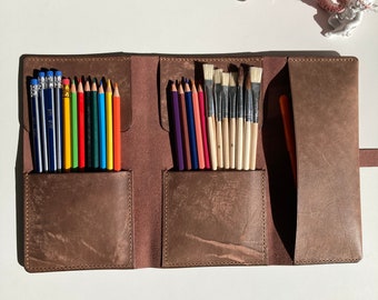 Rouleau de crayon, Étui à stylo, Rouleau d’artiste, Cadeau pour peintre, Cadeau de Noël, Rouleau de crayon en cuir, Rouleau de cuir, Étui de peintre, Étui pinceau Rouleau brun