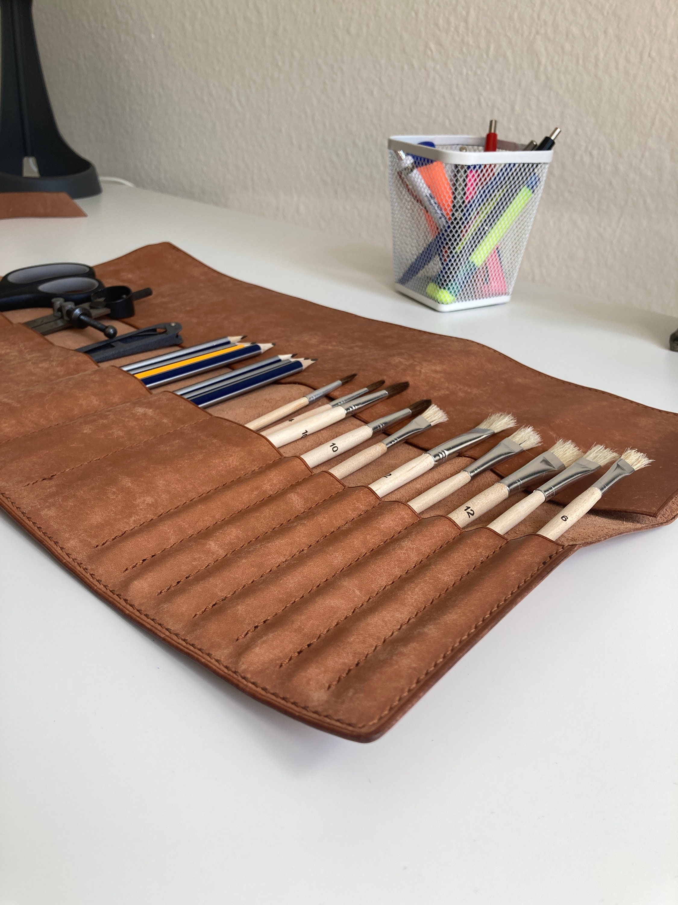 Personalised Brown Leather Artists Roll, Pencil Case, Brush Holder